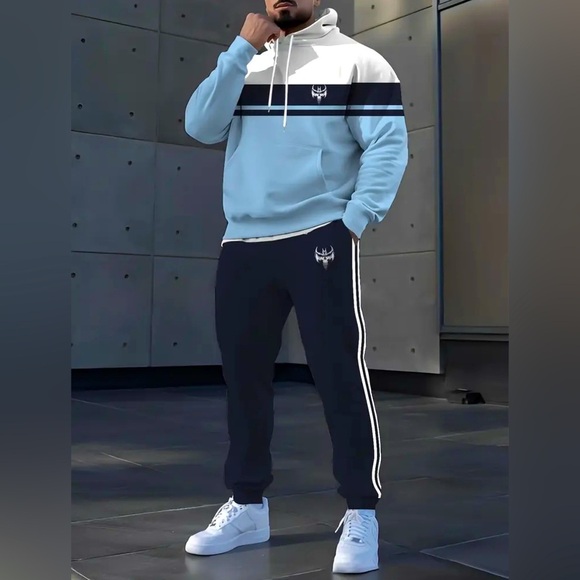Other - 2 Piece: Blue & Ivory Casual Digital Print Hoodie Sweatsuit, NWOT